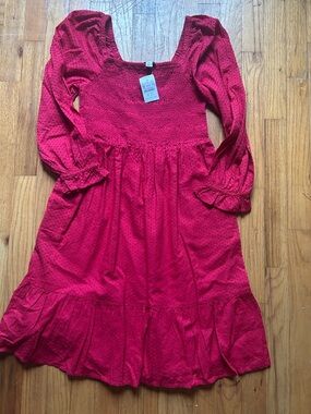 J. Crew Factory Red Clip-dot Smocked Square-Neck Puff-Sleeve Dress